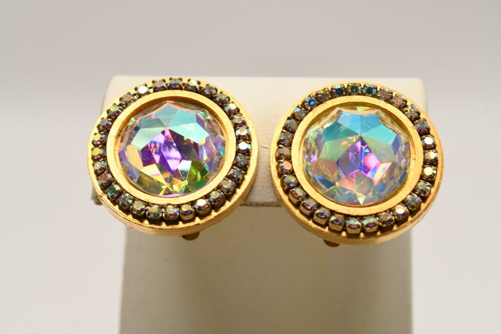 La Contessa Mary Demarco AB Crystal Clip Earrings Large Rhinestone